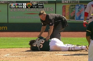 BOS@OAK: Norris gets hit on backswing, leaves game