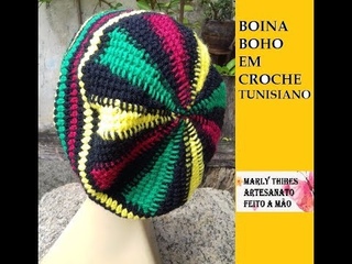 BOINA CROCHE TUNISIANO ESTILO BOHO COLORIDA TUTORIAL MARLY THIBES
