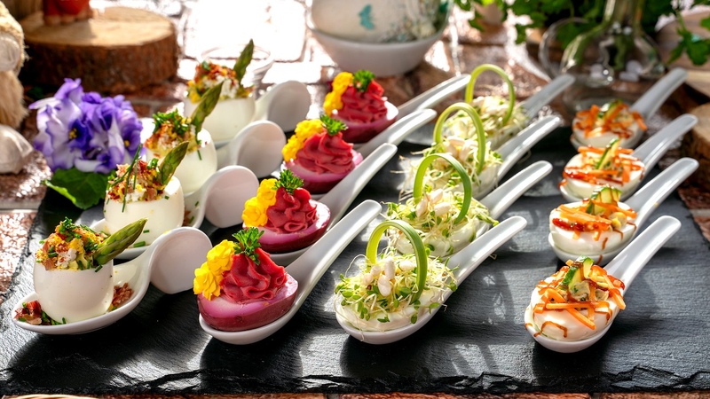 Stuffed eggs Recipes for dressed eggs. Egg nest, purple eggs and eggs with avocado. Egg
