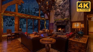 4K Cozy Cabin Winter Ambiance with Piano Jazz Music and Crackling Fireplace Sounds Healing Music