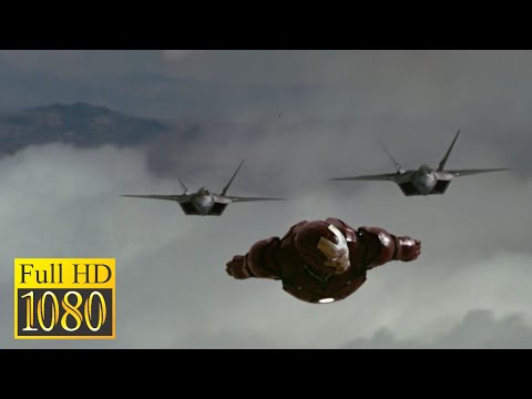 Tony Stark vs Two F 22 Raptor Fighters in the movie IRON MAN