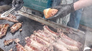Grilled Sausages, Caponata, Onions and Cheese from Sicily, Italy. London Street Food