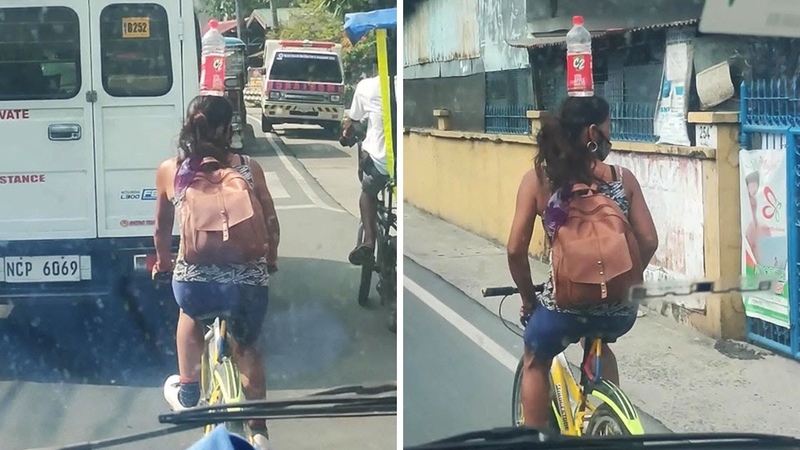 Cycle Skills, Woman Balances Water Bottle On