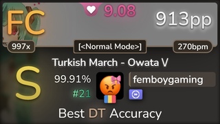 9.1 femboygaming | OwataP - Turkish March - Owata (o)/ Normal Mode +DT % FC #21 | 913pp