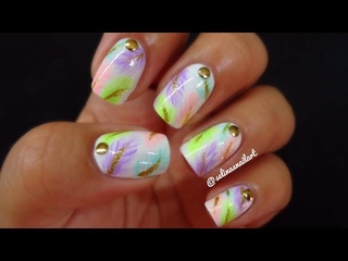 Pastel Feathers & Gold Studs Nail Art